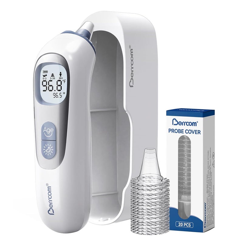 Berrcom Ear Thermometer with Heated Tip & Age Precision, Fever Alarm with Mute & Night Light, Includes 21 Probe Covers & Storage Box, Accurate Digital Ear Thermometer for Adults, Kids and Babies - Image 1